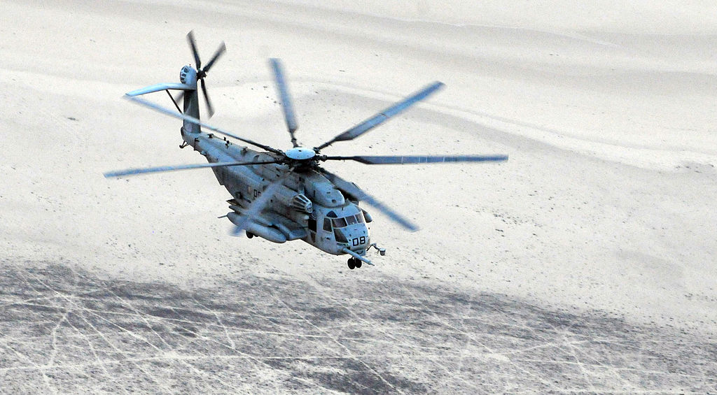 MH-53 flying over the Grand Bara desert in Djibouti, Africa