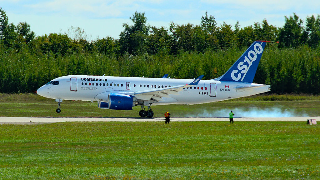 The Bombardier CSeries CS100 lands after completing its maiden flight