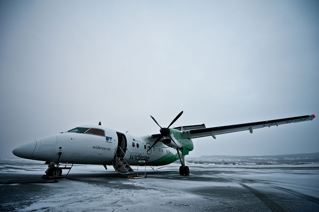 A ((De Havilland Canada DHC Dash-8 100|DHC Dash-8-100)) aircraft of ((Wideroe)) of ((Norway)). ((Wideroe)) obtains a large part of its income from PSO routes operated in Western and Northern Norway