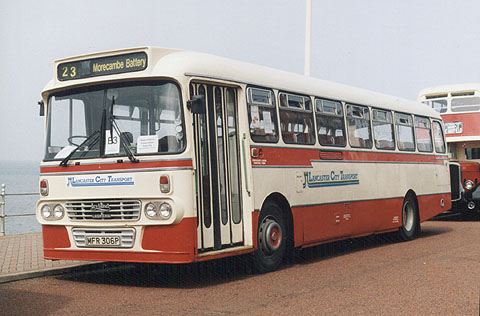 A preserved Leyland Leopard with Alexander Y Type bodywork. The bus is in the livery of Lancaster City Transport